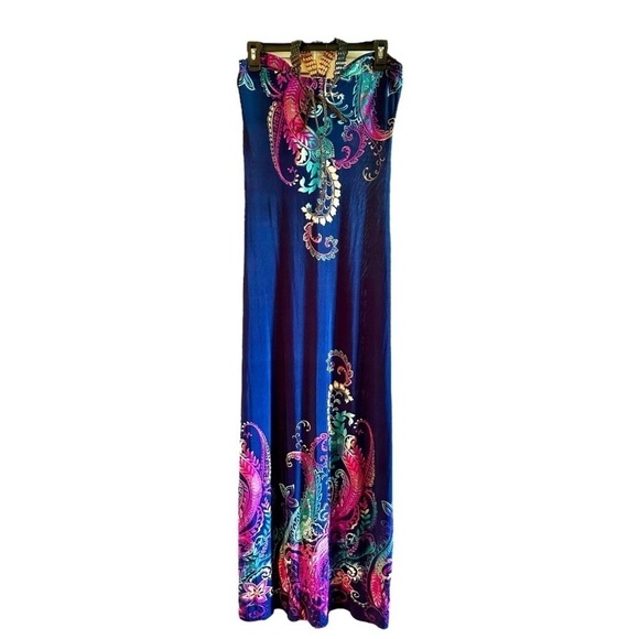 PAPILLON, NWOT, MAXI DRESS IN ROYAL BLUE WITH COLORFUL PAISLEY ACCENTS. SIZE M - Picture 2 of 11